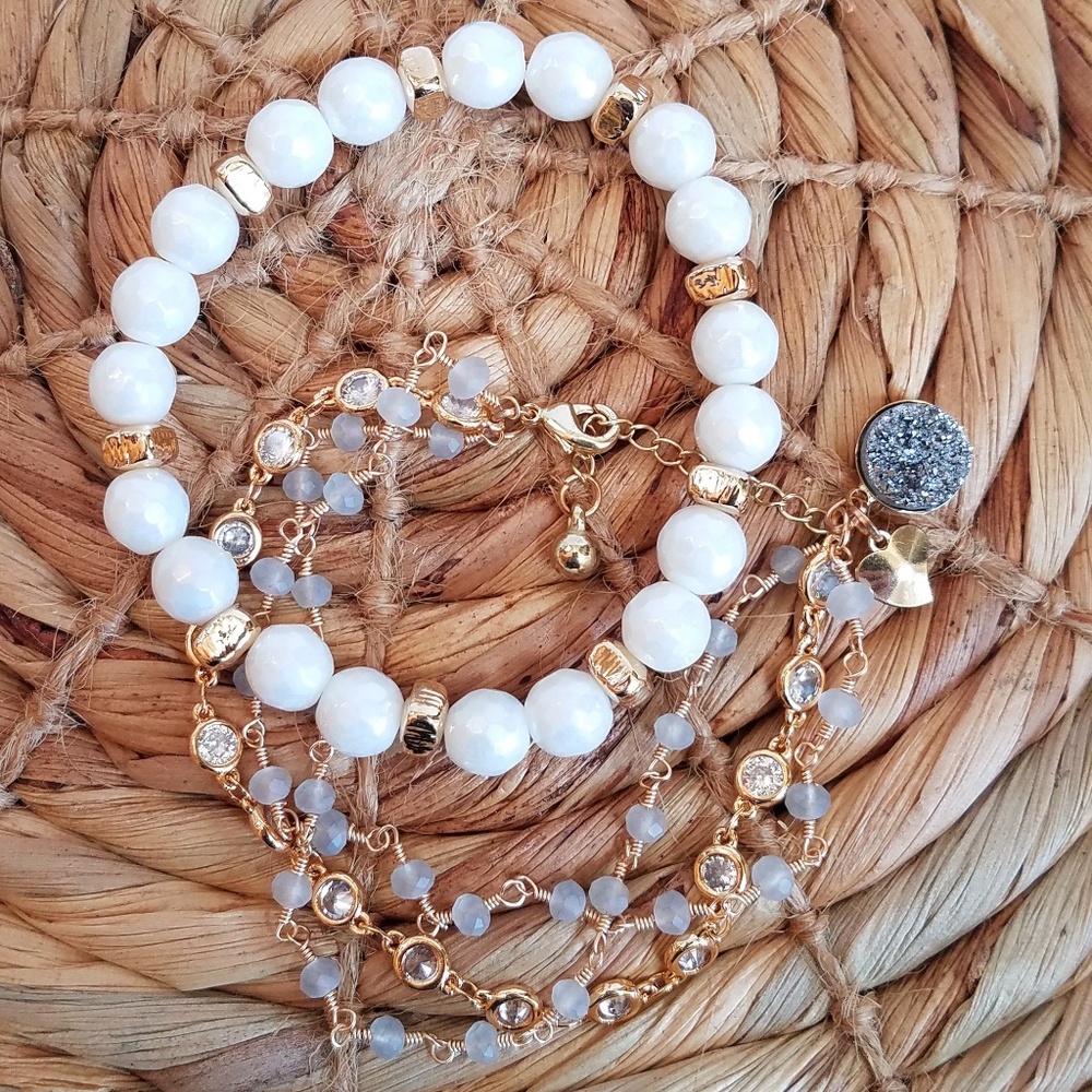 Set 2 Druzy Gray White Frosted Beaded Bracelet